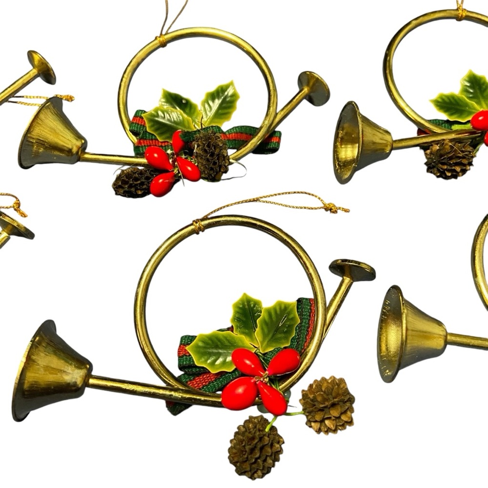 Vintage Brass French Horn Christmas Tree Ornament Ribbon Pine Cones Holly Bugles - Picture 5 of 8